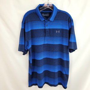 UNDER ARMOUR Size Large Loose Polo Shirt HeatGear Blue Stripe Stretchy